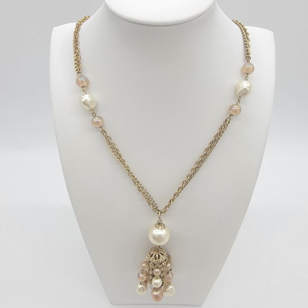 Vintage 1960s Coro Signed Faux Pearls Tassel Necklace Gold Tone Stunning